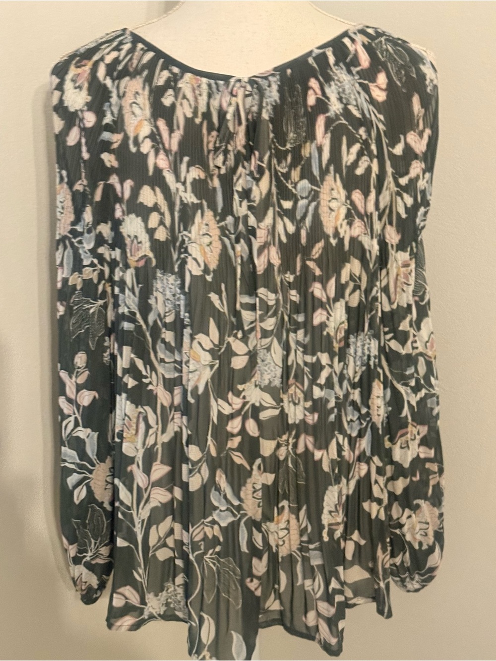 LC Lauren Conrad Black Pleated Floral Top with Pink and Cream Blooms